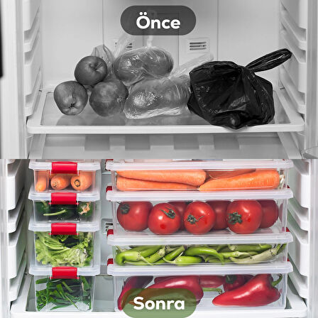 Porsima 8li Kilitli Kapaklı Yiyecek Erzak Saklama Kabı Seti - Buzdolabı Düzenleyici Organizeri