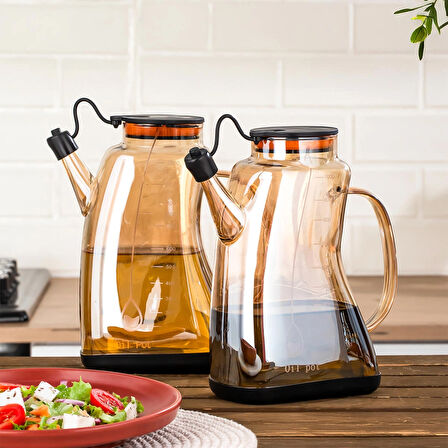 Porsima 3855-1 Şeffaf Borosilikat Cam Zeytinyağ Şişesi - 2li Yağlık ve Sirkelik Seti Siyah 1lt