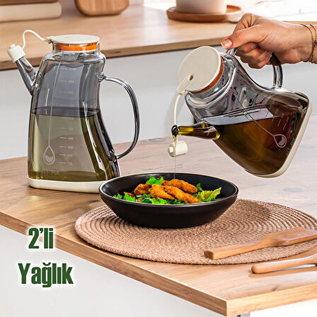 Porsima 3855-2 Şeffaf Borosilikat Cam Zeytinyağ Şişesi - 2li Yağlık ve Sirkelik Seti Beyaz 1lt