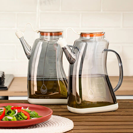 Porsima 3855-2 Şeffaf Borosilikat Cam Zeytinyağ Şişesi - 2li Yağlık ve Sirkelik Seti Beyaz 1lt