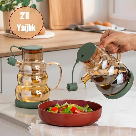 Porsima 3617 Kapaklı Borosilikat Cam 2li Yağlık Sirkelik Seti Yağdanlık Takımı 1000ml Yeşil