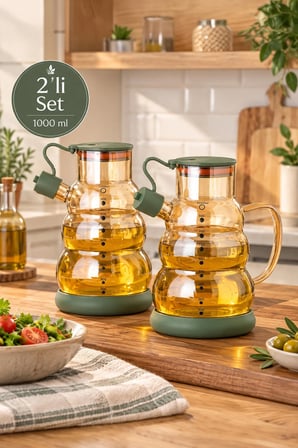 Porsima 3617 Kapaklı Borosilikat Cam 2li Yağlık Sirkelik Seti Yağdanlık Takımı 1000ml Yeşil
