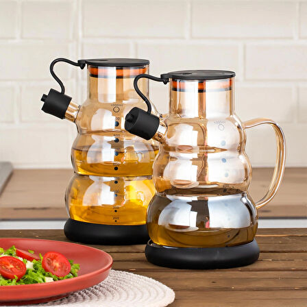 Porsima 3617- 1 Kapaklı Borosilikat Cam 2li Yağlık Sirkelik Seti Yağdanlık Takımı 1000ml Siyah