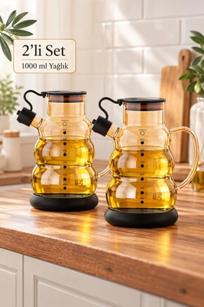 Porsima 3617- 1 Kapaklı Borosilikat Cam 2li Yağlık Sirkelik Seti Yağdanlık Takımı 1000ml Siyah