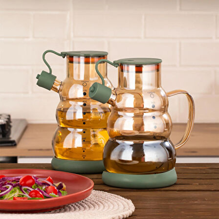 Porsima 3617- 1 Kapaklı Borosilikat Cam 2li Yağlık Sirkelik Seti Yağdanlık Takımı 1000ml Siyah