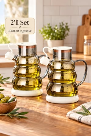 Porsima 3617- 2 Kapaklı Borosilikat Cam 2li Yağlık Sirkelik Seti Yağdanlık Takımı 1000ml Beyaz