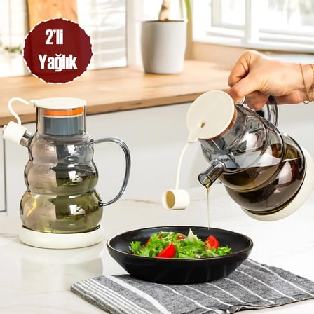 Porsima 3617- 2 Kapaklı Borosilikat Cam 2li Yağlık Sirkelik Seti Yağdanlık Takımı 1000ml Beyaz