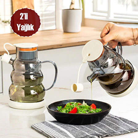 Porsima 3617- 2 Kapaklı Borosilikat Cam 2li Yağlık Sirkelik Seti Yağdanlık Takımı 1000ml Beyaz