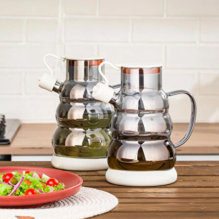 Porsima 3617- 2 Kapaklı Borosilikat Cam 2li Yağlık Sirkelik Seti Yağdanlık Takımı 1000ml Beyaz