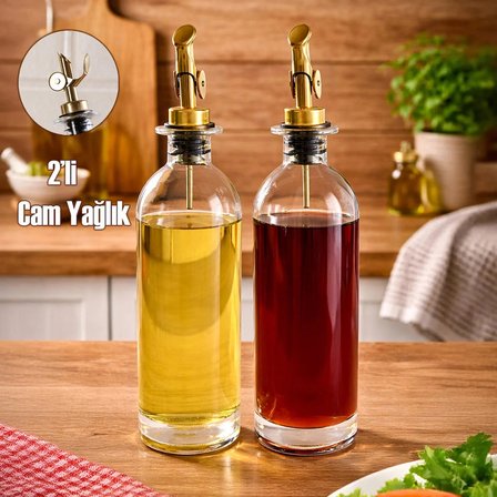 Porsima 3890 Gold Sızdırmaz Kapaklı Cam 2li Yağlık Sirkelik Yağdanlık Seti 500+500 ml