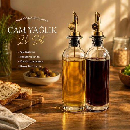 Porsima 3890 Gold Sızdırmaz Kapaklı Cam 2li Yağlık Sirkelik Yağdanlık Seti 500+500 ml