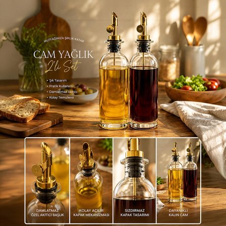 Porsima 3890 Gold Sızdırmaz Kapaklı Cam 2li Yağlık Sirkelik Yağdanlık Seti 500+500 ml