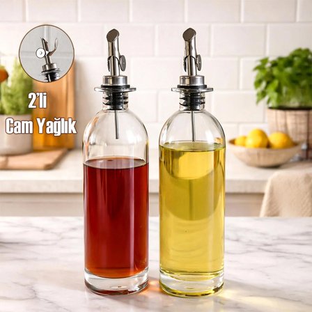 Porsima 3890-1 Gümüş Sızdırmaz Kapaklı Cam 2li Yağlık Sirkelik Yağdanlık Seti 500+500 ml