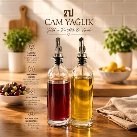 Porsima 3890-1 Gümüş Sızdırmaz Kapaklı Cam 2li Yağlık Sirkelik Yağdanlık Seti 500+500 ml