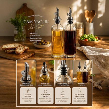 Porsima 3890-1 Gümüş Sızdırmaz Kapaklı Cam 2li Yağlık Sirkelik Yağdanlık Seti 500+500 ml