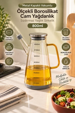 Porsima Yh009-D02 800 Ml Borosilikat Cam Yağdanlık - Sızdırmaz Metal Kapak Ölçekli Yağlık