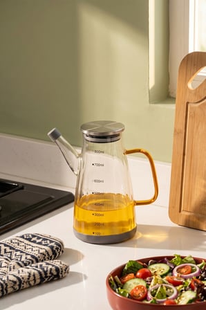 Porsima Yh009-D02 800 Ml Borosilikat Cam Yağdanlık - Sızdırmaz Metal Kapak Ölçekli Yağlık