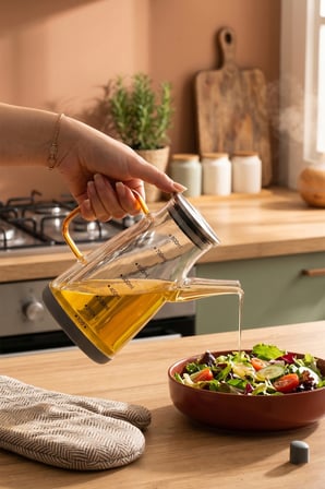 Porsima Yh009-D02 800 Ml Borosilikat Cam Yağdanlık - Sızdırmaz Metal Kapak Ölçekli Yağlık