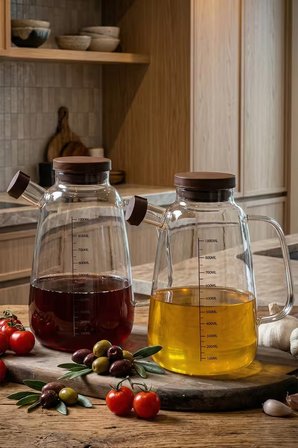 Porsima LM-0107 Evora Kapaklı Borosilikat Cam 2li Yağlık Sirkelik Yağdanlık Seti 1000ml