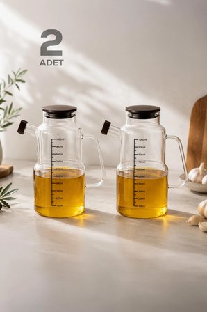 Porsima LM-0107 Evora Kapaklı Borosilikat Cam 2li Yağlık Sirkelik Yağdanlık Seti 1000ml