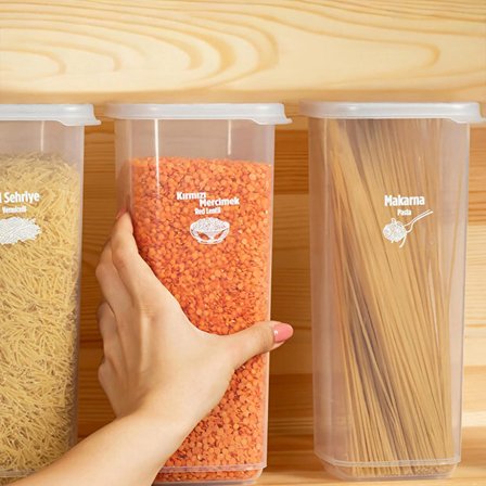 Porsima 5341 6lı Etiketli Kare Un Erzak Bakliyat Saklama Kabı Takımı Seti 1.70 Lt - Şeffaf