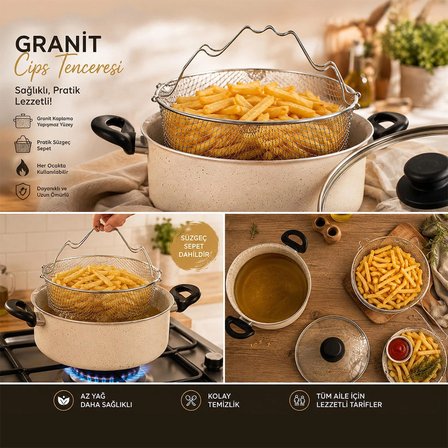 Porsima 4404 3 Parça Granit Kızartma Cips Tenceresi 22cm 2lt