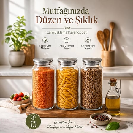 Porsima 4406 Bormio Metal Kapaklı 3lü Cam Kavanoz Seti Vakum Kapaklı Saklama Düzenleme Kabı Seti 1400ml