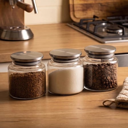 Porsima 4408 Bormio Metal Kapaklı 3lü Cam Kavanoz Seti Vakum Kapaklı Saklama Düzenleme Kabı Seti 650ml