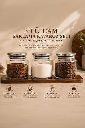 Porsima 4408 Bormio Metal Kapaklı 3lü Cam Kavanoz Seti Vakum Kapaklı Saklama Düzenleme Kabı Seti 650ml