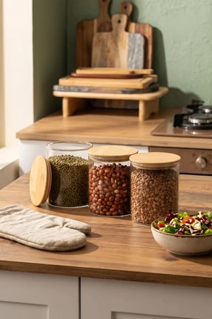 Porsima Bambu Vakumlu Kapaklı Yuvarlak Borosilikat Cam 3lü Saklama Kabı 750ml 10x12cm