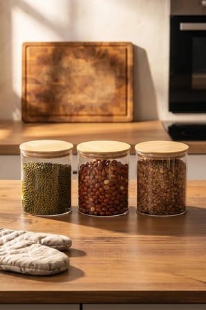 Porsima Bambu Vakumlu Kapaklı Yuvarlak Borosilikat Cam 3lü Saklama Kabı 750ml 10x12cm