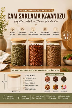Porsima Bambu Vakumlu Kapaklı Yuvarlak Borosilikat Cam 3lü Saklama Kabı 750ml 10x12cm