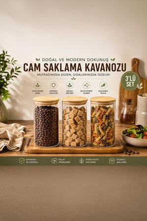 Porsima 2-3 Bambu Vakumlu Kapaklı Yuvarlak Borosilikat Cam 3lü Saklama Kabı 1300ml 10x20cm