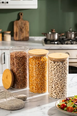 Porsima 2-3 Bambu Vakumlu Kapaklı Yuvarlak Borosilikat Cam 3lü Saklama Kabı 1300ml 10x20cm