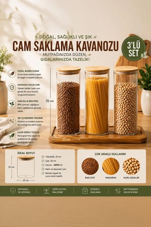 Porsima 3-3 Bambu Vakumlu Kapaklı Yuvarlak Borosilikat Cam 3lü Saklama Kabı 1650ml 10x25cm