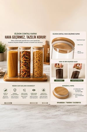 Porsima 3-3 Bambu Vakumlu Kapaklı Yuvarlak Borosilikat Cam 3lü Saklama Kabı 1650ml 10x25cm