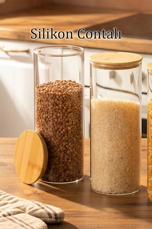 Porsima 3-3 Bambu Vakumlu Kapaklı Yuvarlak Borosilikat Cam 3lü Saklama Kabı 1650ml 10x25cm
