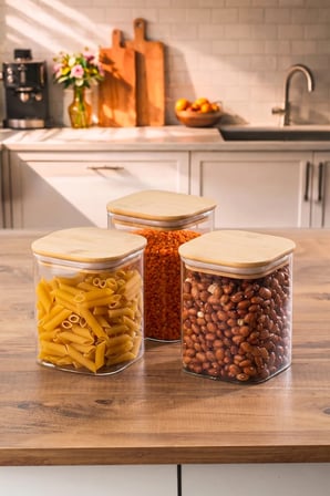 Porsima 5-3 Bambu Vakumlu Kapaklı Kare Borsilikat Cam 3lü Kavanoz Seti Saklama Kabı 750ml 7,5x15cm