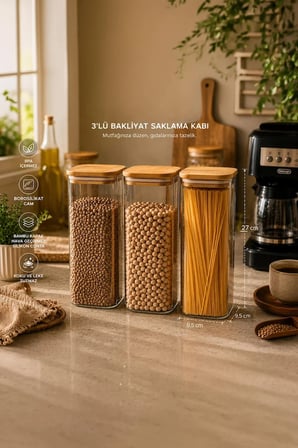 Porsima 7-3 Bambu Vakumlu Kapaklı Kare Borsilikat Cam 3lü Kavanoz Seti Saklama Kabı 1900ml 9,5x27cm
