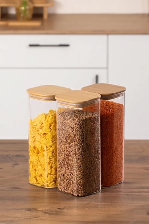Porsima 7-3 Bambu Vakumlu Kapaklı Kare Borsilikat Cam 3lü Kavanoz Seti Saklama Kabı 1900ml 9,5x27cm