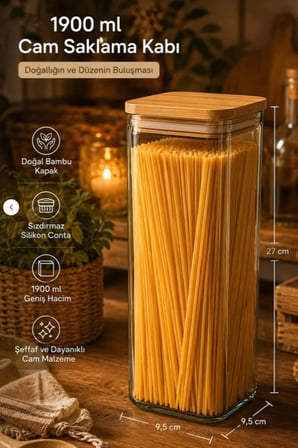 Porsima 7-3 Bambu Vakumlu Kapaklı Kare Borsilikat Cam 3lü Kavanoz Seti Saklama Kabı 1900ml 9,5x27cm