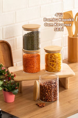 Porsima 1-4 Bambu Vakumlu Kapaklı Yuvarlak Cam 4lü Kavanoz Seti Saklama Kabı 750ml 10x12cm