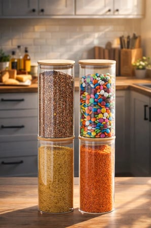 Porsima 3-4 Bambu Borosilikat Vakumlu Kapaklı Yuvarlak Cam 4lü Kavanoz Seti Saklama Kabı 1650ml 10x25cm