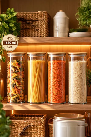 Porsima 3-4 Bambu Borosilikat Vakumlu Kapaklı Yuvarlak Cam 4lü Kavanoz Seti Saklama Kabı 1650ml 10x25cm
