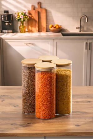 Porsima 4-4 Bambu Borosilikat Vakumlu Kapaklı Yuvarlak Cam 4lü Kavanoz Seti Saklama Kabı 2100ml 10x30cm