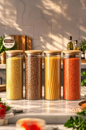 Porsima 4-4 Bambu Borosilikat Vakumlu Kapaklı Yuvarlak Cam 4lü Kavanoz Seti Saklama Kabı 2100ml 10x30cm