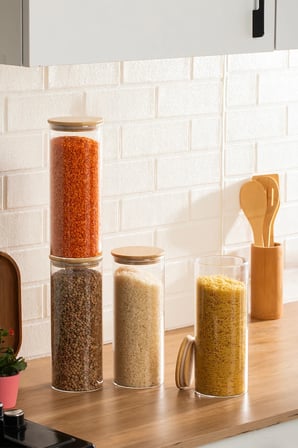 Porsima 4-4 Bambu Borosilikat Vakumlu Kapaklı Yuvarlak Cam 4lü Kavanoz Seti Saklama Kabı 2100ml 10x30cm