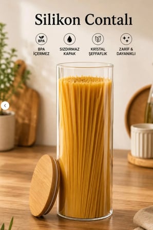 Porsima 4-4 Bambu Borosilikat Vakumlu Kapaklı Yuvarlak Cam 4lü Kavanoz Seti Saklama Kabı 2100ml 10x30cm