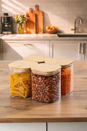 Porsima 5-4 Bambu Vakumlu Kapaklı Kare Borsilikat Cam 4lü Kavanoz Seti Saklama Kabı 750ml 7,5x15cm