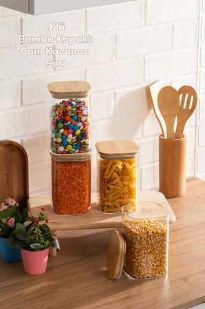 Porsima 6-4 Bambu Vakumlu Kapaklı Kare Borsilikat Cam 4lü Kavanoz Seti Saklama Kabı 1250ml 9,5x15cm
